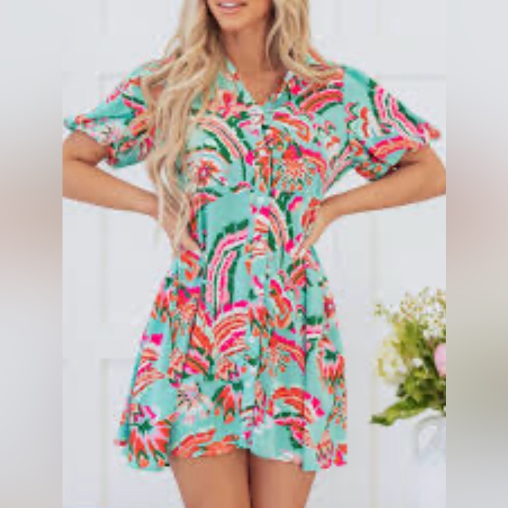 Colorful Floral Patterned Satin Button-Up Short Sleeve Dress with Waist Tie M